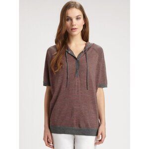 Eileen Fisher Red and Gray Merino Wool Hooded Sweater Size Large